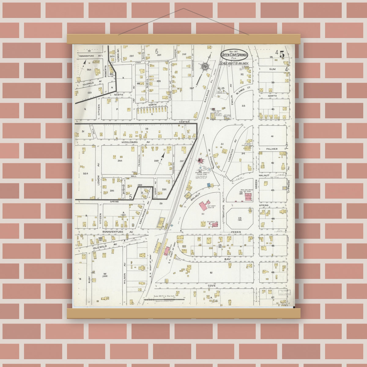 Old map wall art mockup — magnetic wood frame on brick wall — Sanborn Fire Insurance Map from Green Cove Springs, Clay County, Florida (1917), Sheet #0005