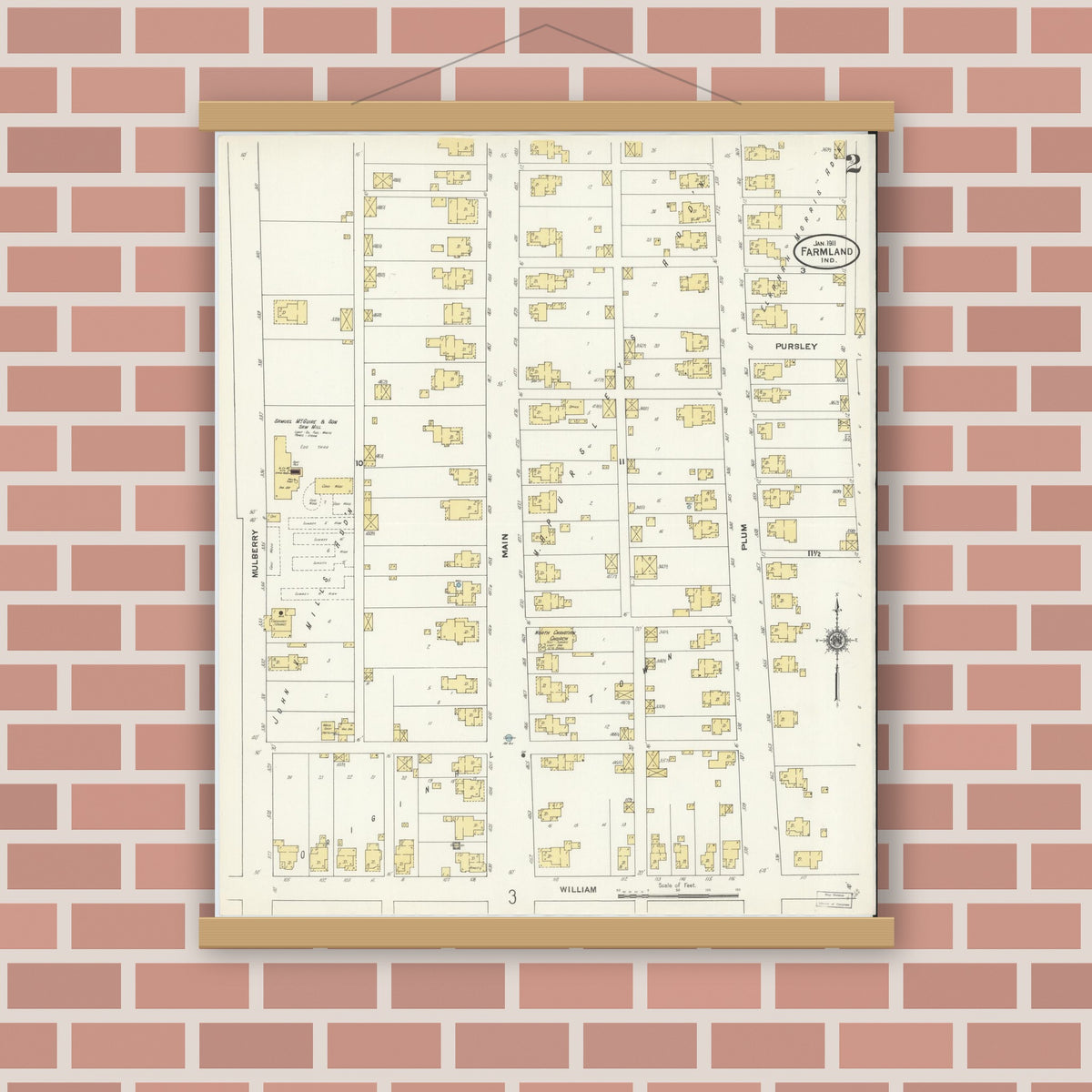 Old map wall art mockup — magnetic wood frame on brick wall — Sanborn Fire Insurance Map from Farmland, Randolph County, Indiana (1911), Sheet #0002