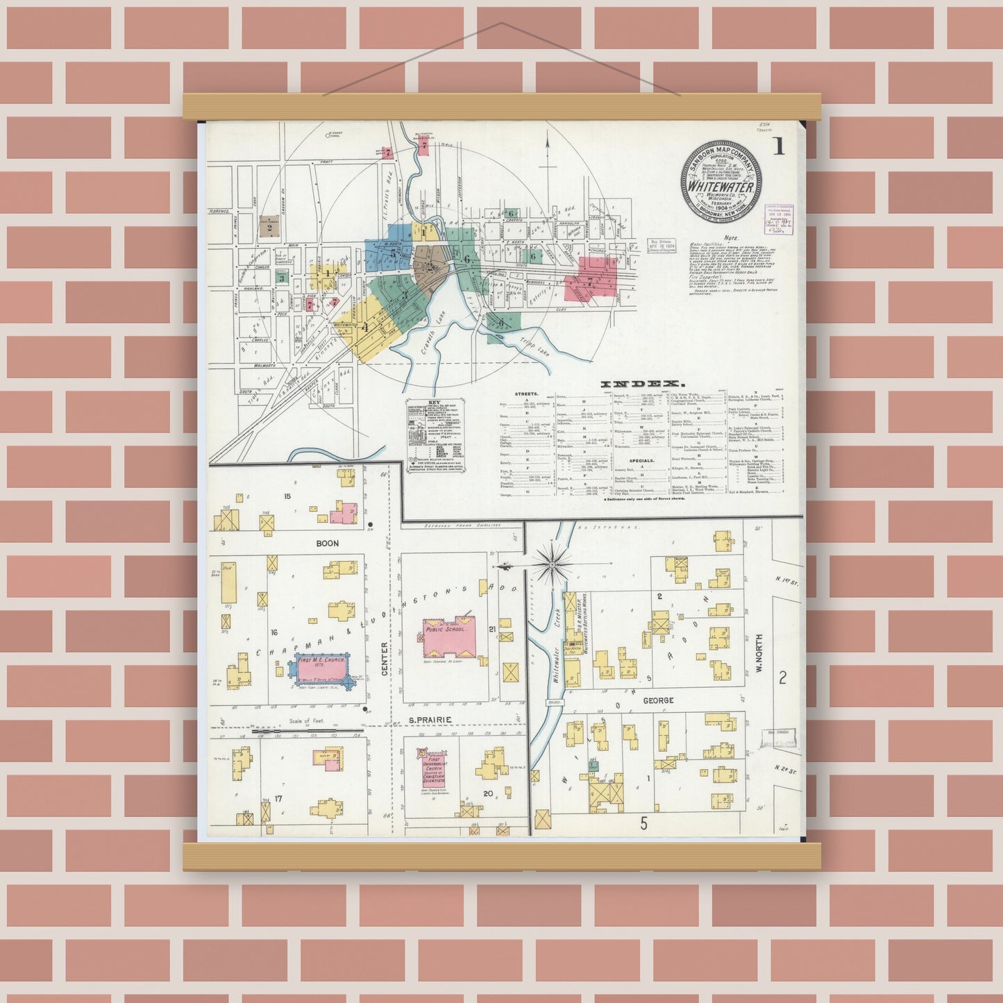 Old map wall art mockup — magnetic wood frame on brick wall — Sanborn Fire Insurance Map from Whitewater, Walworth County, Wisconsin (1904), Sheet #0001