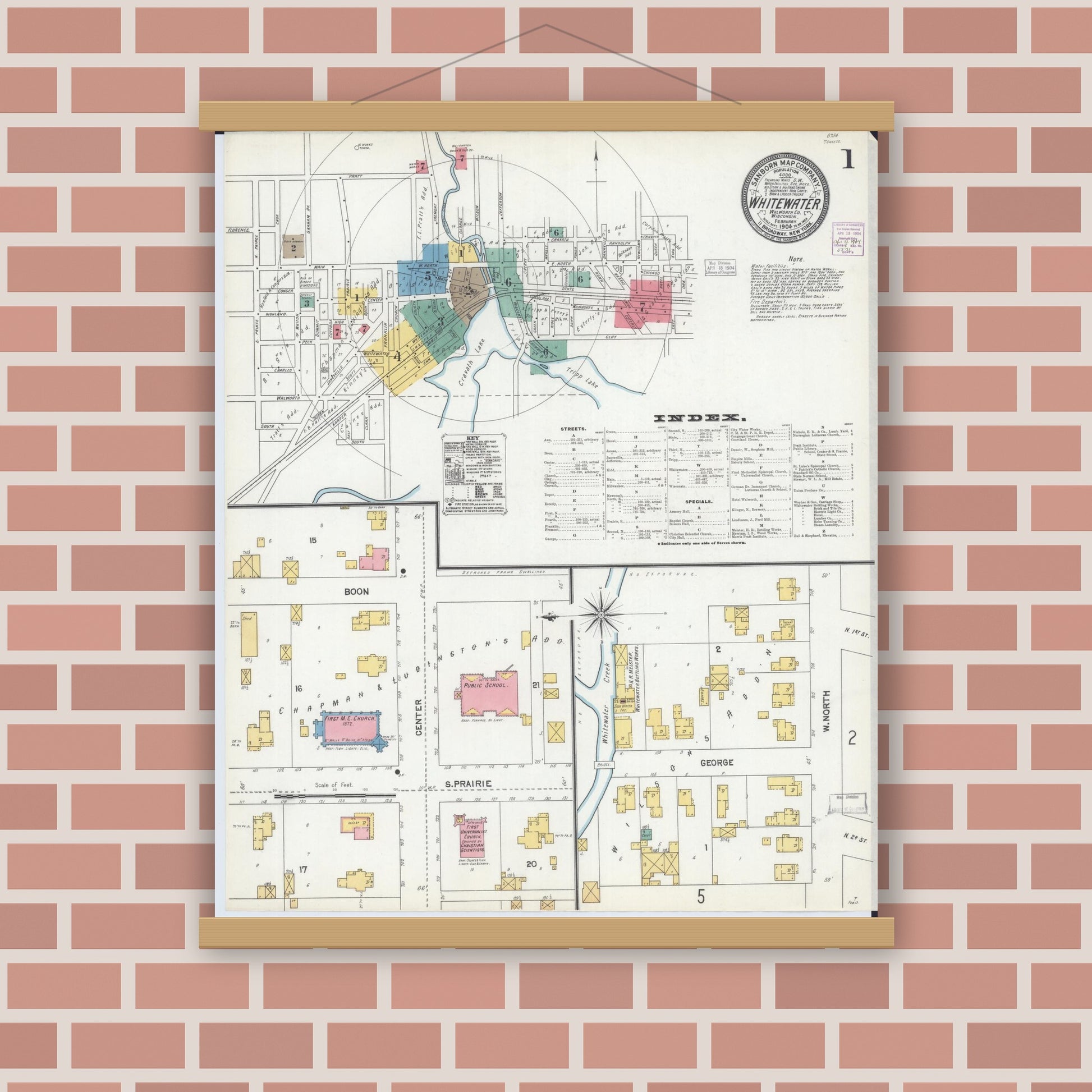 Old map wall art mockup — magnetic wood frame on brick wall — Sanborn Fire Insurance Map from Whitewater, Walworth County, Wisconsin (1904), Sheet #0001