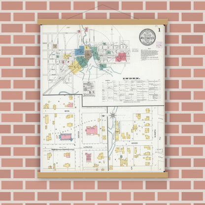 Old map wall art mockup — magnetic wood frame on brick wall — Sanborn Fire Insurance Map from Whitewater, Walworth County, Wisconsin (1904), Sheet #0001