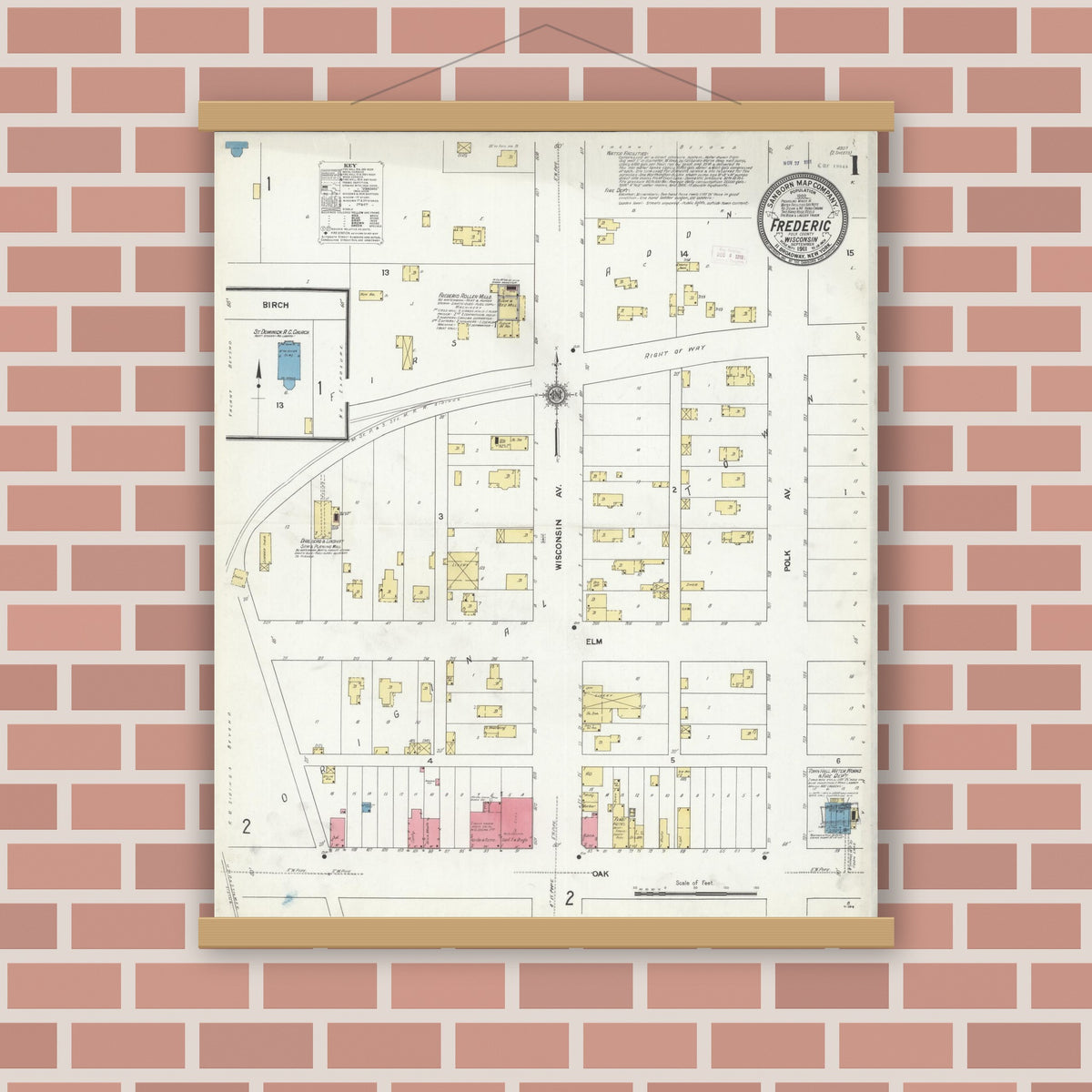 Old map wall art mockup — magnetic wood frame on brick wall — Sanborn Fire Insurance Map from Frederic, Polk County, Wisconsin (1911) - Complete Map Set