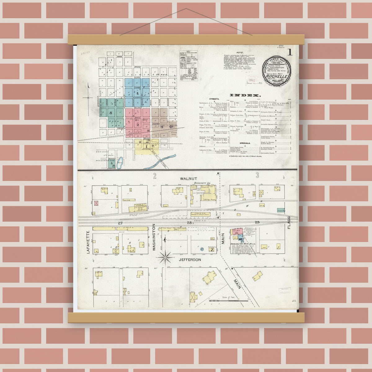 Old map wall art mockup — magnetic wood frame on brick wall — Sanborn Fire Insurance Map from Rochelle, Ogle County, Illinois (1893), Sheet #0001