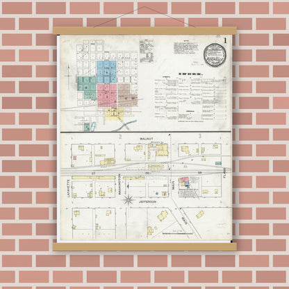 Old map wall art mockup — magnetic wood frame on brick wall — Sanborn Fire Insurance Map from Rochelle, Ogle County, Illinois (1893), Sheet #0001