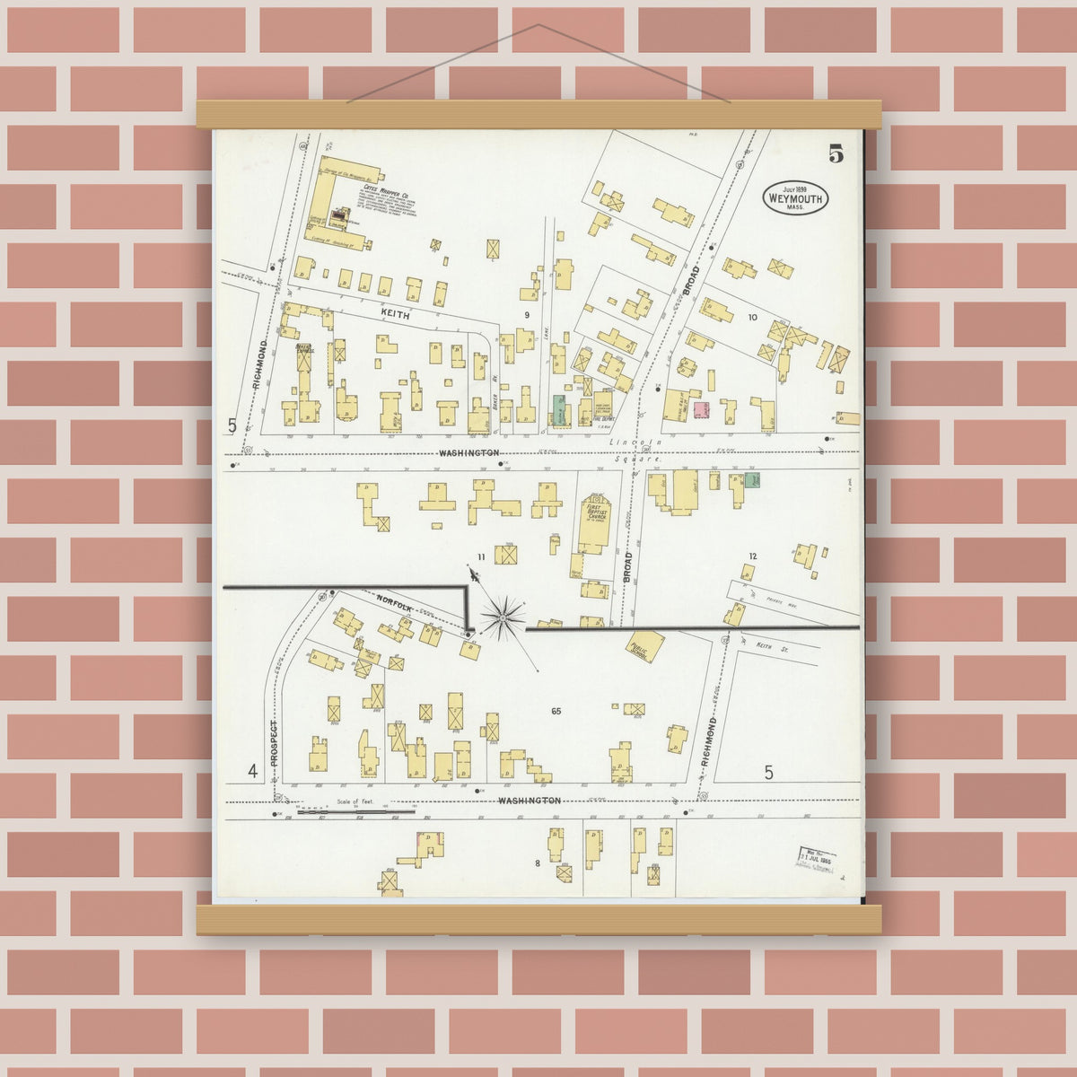 Old map wall art mockup — magnetic wood frame on brick wall — Sanborn Fire Insurance Map from Weymouth, Norfolk County, Massachusetts (1899), Sheet #0005