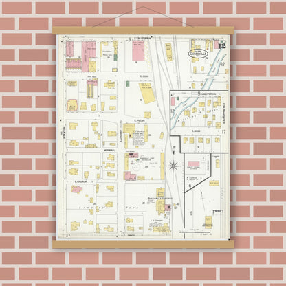 Old map wall art mockup — magnetic wood frame on brick wall — Sanborn Fire Insurance Map from Gainesville, Cooke County, Texas (1902), Sheet #0012