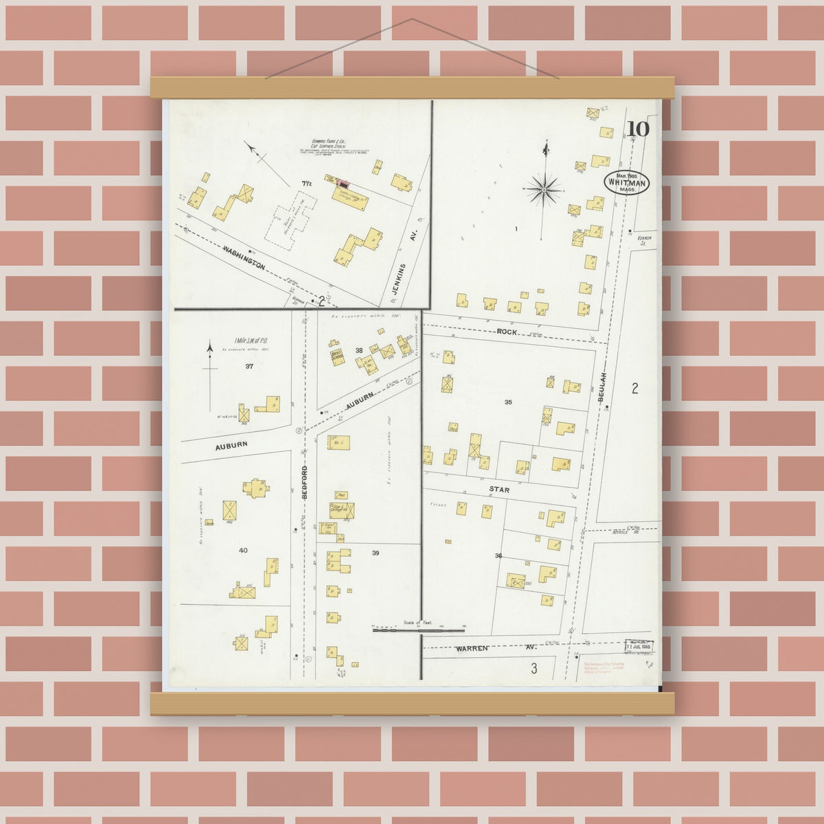 Old map wall art mockup — magnetic wood frame on brick wall — Sanborn Fire Insurance Map from Whitman, Plymouth County, Massachusetts (1905), Sheet #0010