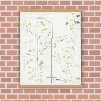 Old map wall art mockup — magnetic wood frame on brick wall — Sanborn Fire Insurance Map from Whitman, Plymouth County, Massachusetts (1905), Sheet #0010