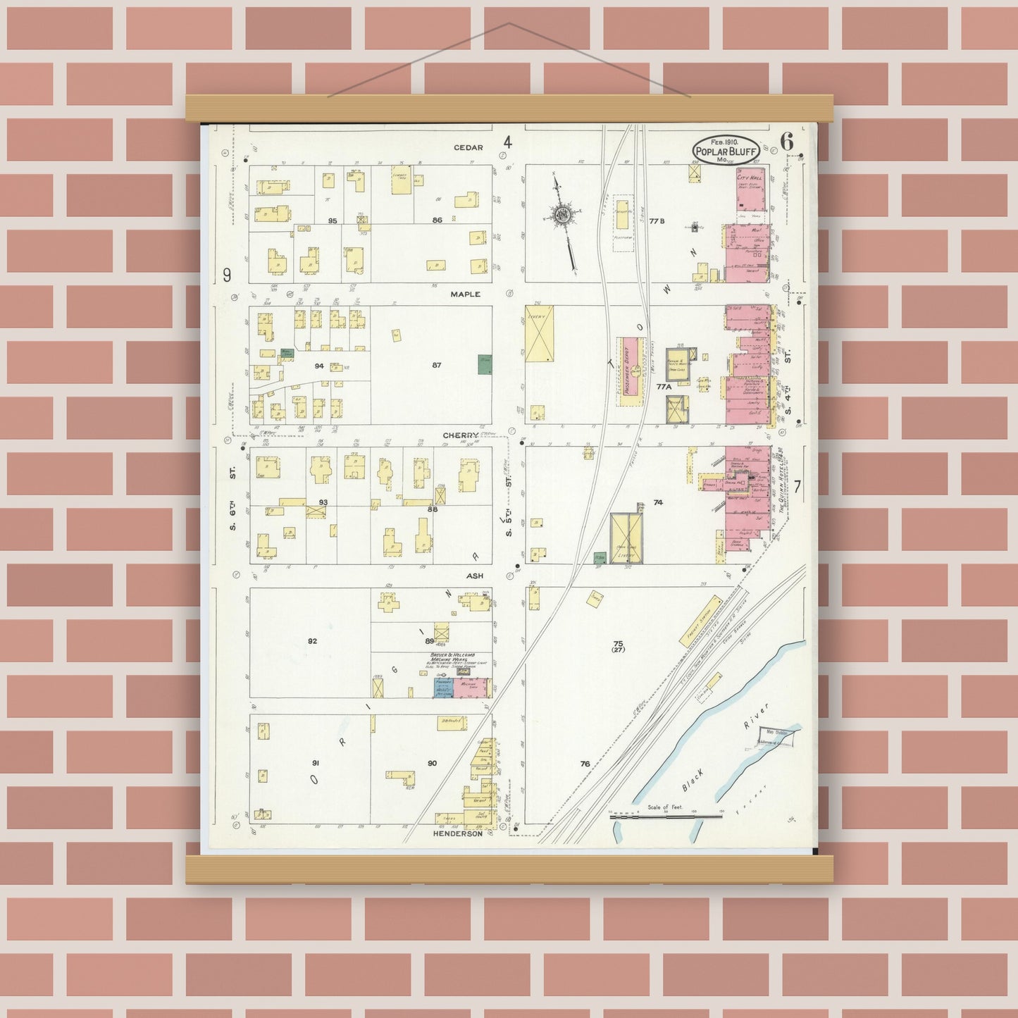 Old map wall art mockup — magnetic wood frame on brick wall — Sanborn Fire Insurance Map from Poplar Bluff, Butler County, Missouri (1910), Sheet #0006