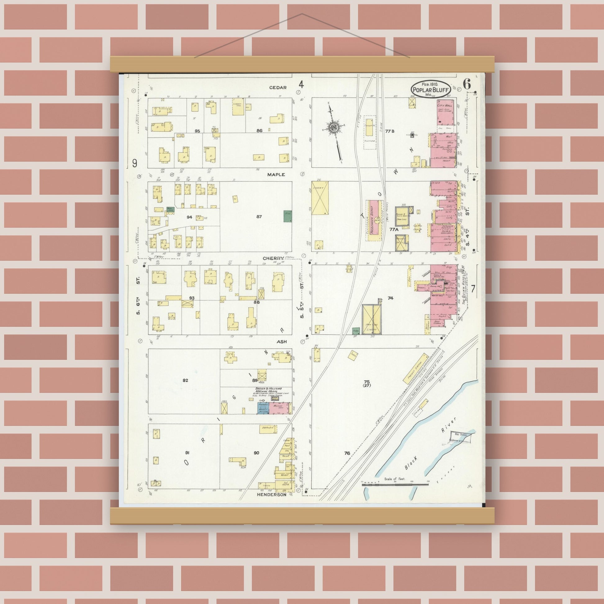 Old map wall art mockup — magnetic wood frame on brick wall — Sanborn Fire Insurance Map from Poplar Bluff, Butler County, Missouri (1910), Sheet #0006