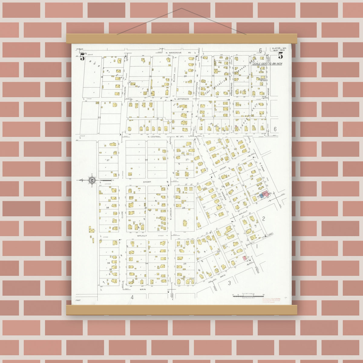 Old map wall art mockup — magnetic wood frame on brick wall — Sanborn Fire Insurance Map from Slater, Saline County, Missouri (1933), Sheet #0005
