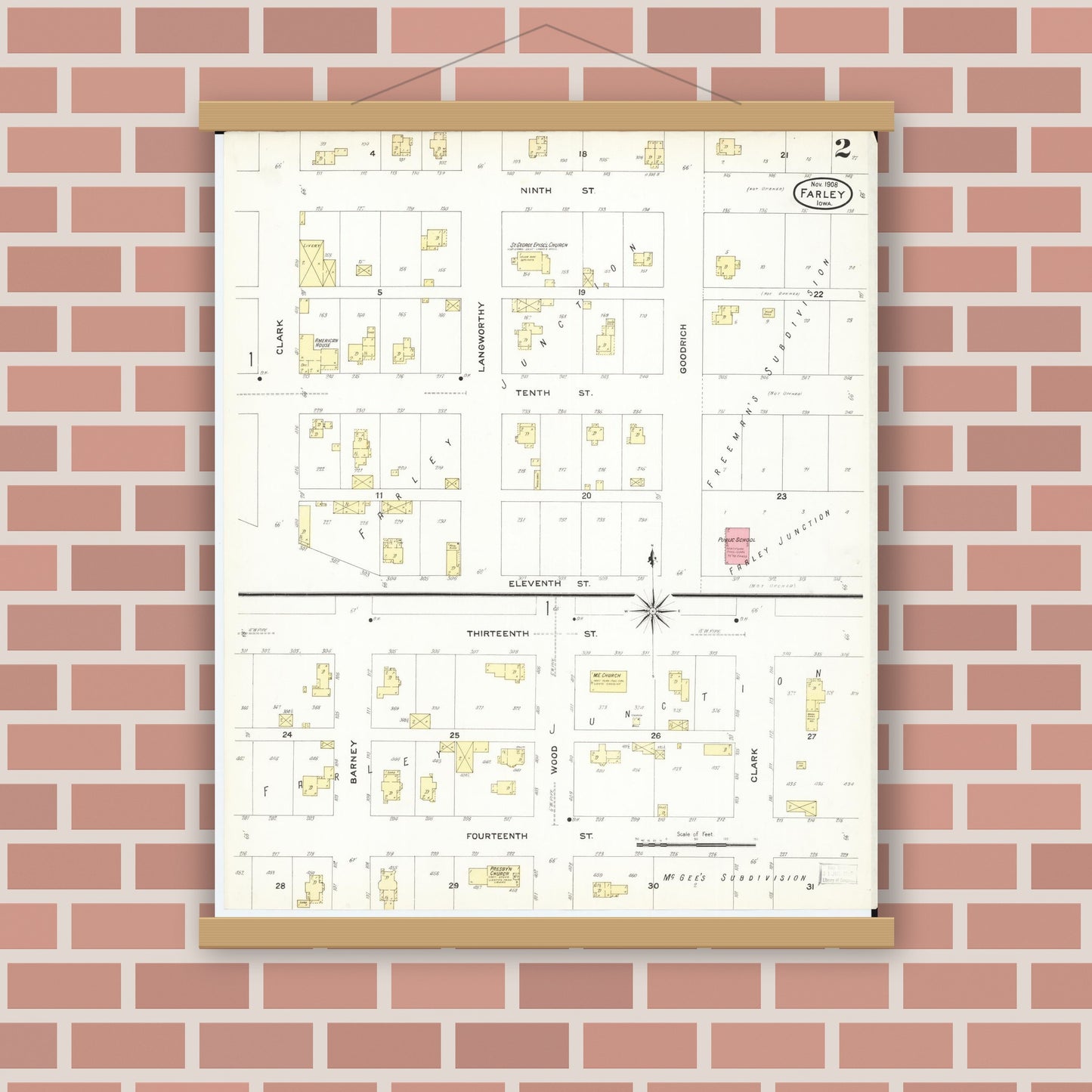Old map wall art mockup — magnetic wood frame on brick wall — Sanborn Fire Insurance Map from Farley, Dubuque County, Iowa (1908), Sheet #0002