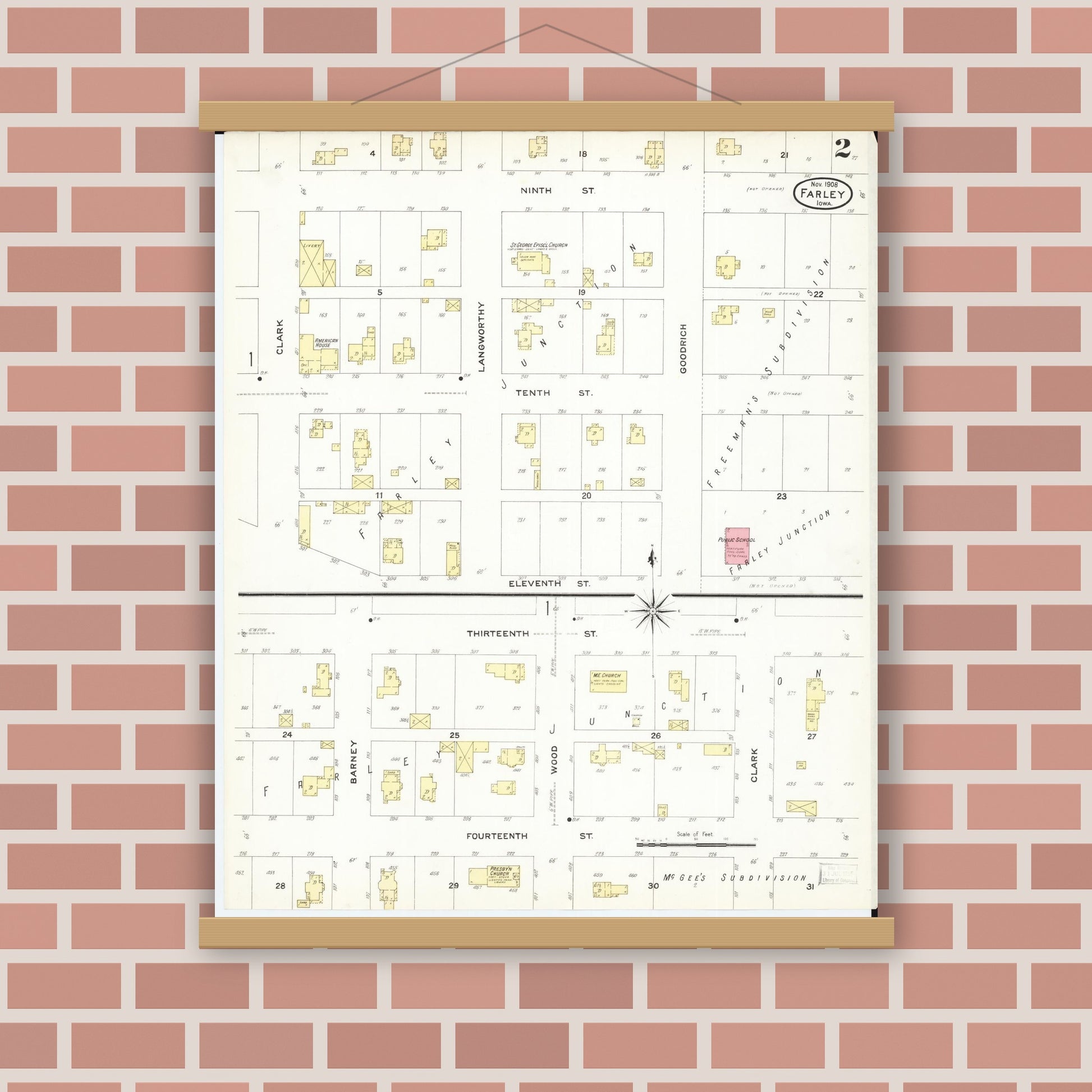 Old map wall art mockup — magnetic wood frame on brick wall — Sanborn Fire Insurance Map from Farley, Dubuque County, Iowa (1908), Sheet #0002
