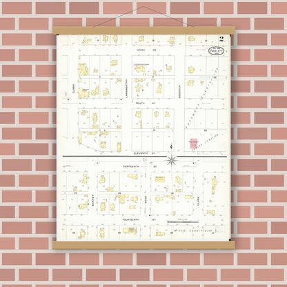 Old map wall art mockup — magnetic wood frame on brick wall — Sanborn Fire Insurance Map from Farley, Dubuque County, Iowa (1908), Sheet #0002