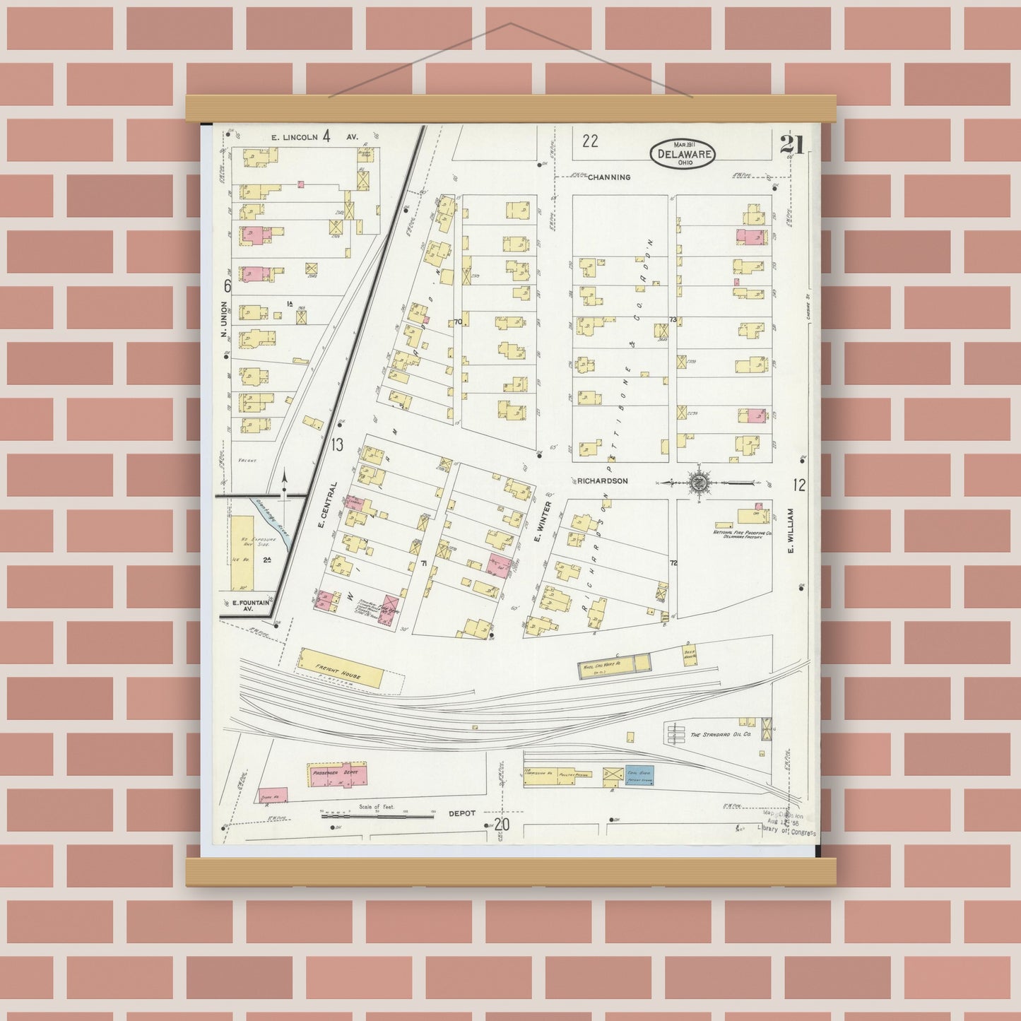 Old map wall art mockup — magnetic wood frame on brick wall — Sanborn Fire Insurance Map from Delaware, Delaware County, Ohio (1911), Sheet #0021