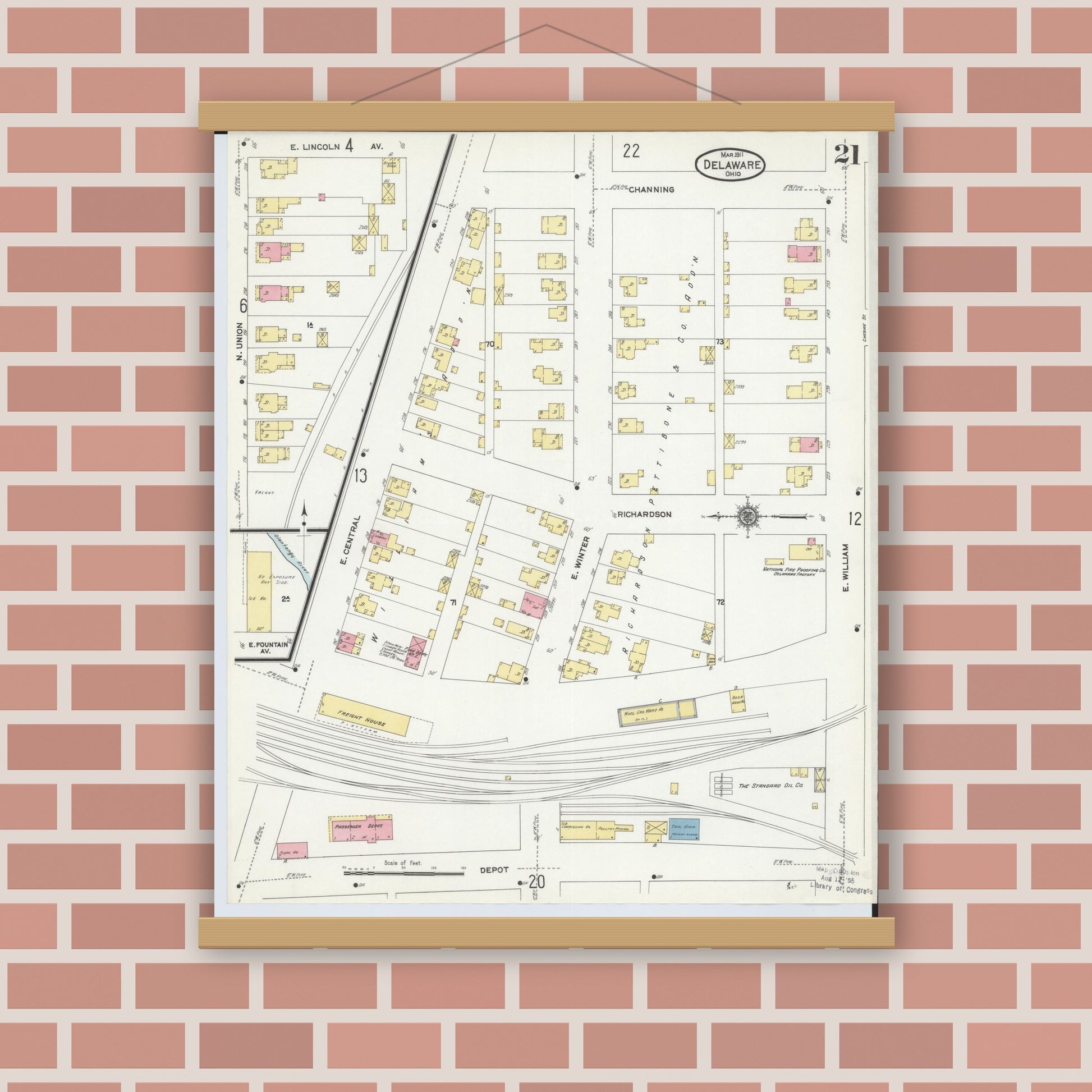 Old map wall art mockup — magnetic wood frame on brick wall — Sanborn Fire Insurance Map from Delaware, Delaware County, Ohio (1911), Sheet #0021