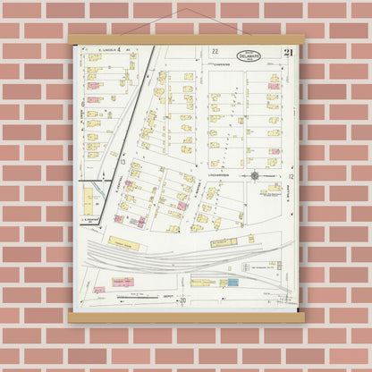Old map wall art mockup — magnetic wood frame on brick wall — Sanborn Fire Insurance Map from Delaware, Delaware County, Ohio (1911), Sheet #0021