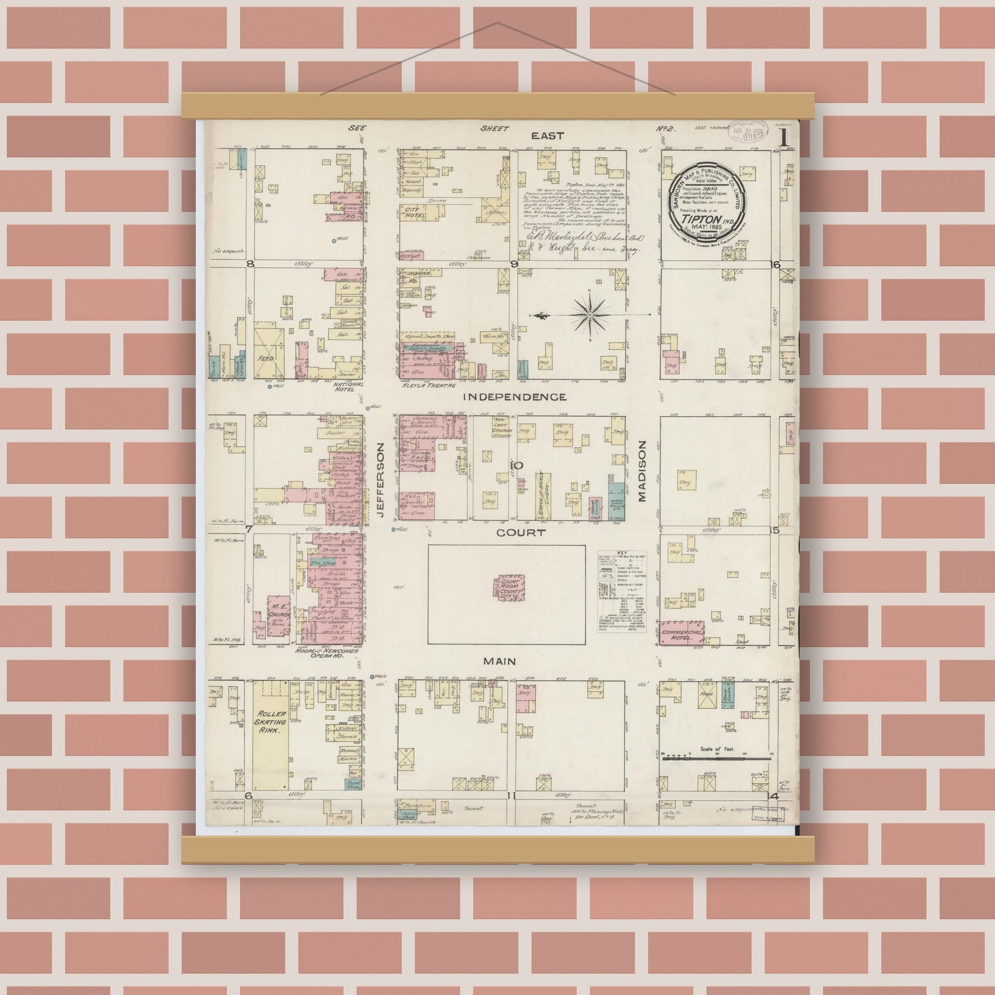 Old map wall art mockup — magnetic wood frame on brick wall — Sanborn Fire Insurance Map from Tipton, Tipton County, Indiana (1885), Sheet #0001