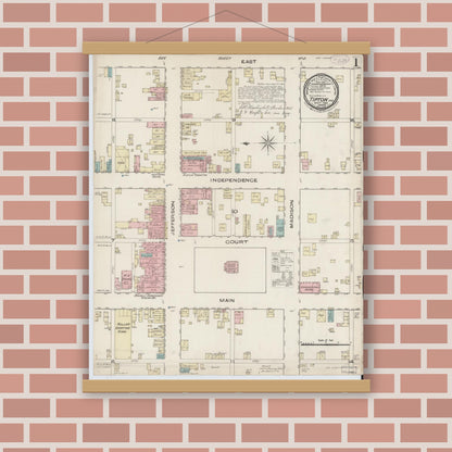 Old map wall art mockup — magnetic wood frame on brick wall — Sanborn Fire Insurance Map from Tipton, Tipton County, Indiana (1885), Sheet #0001