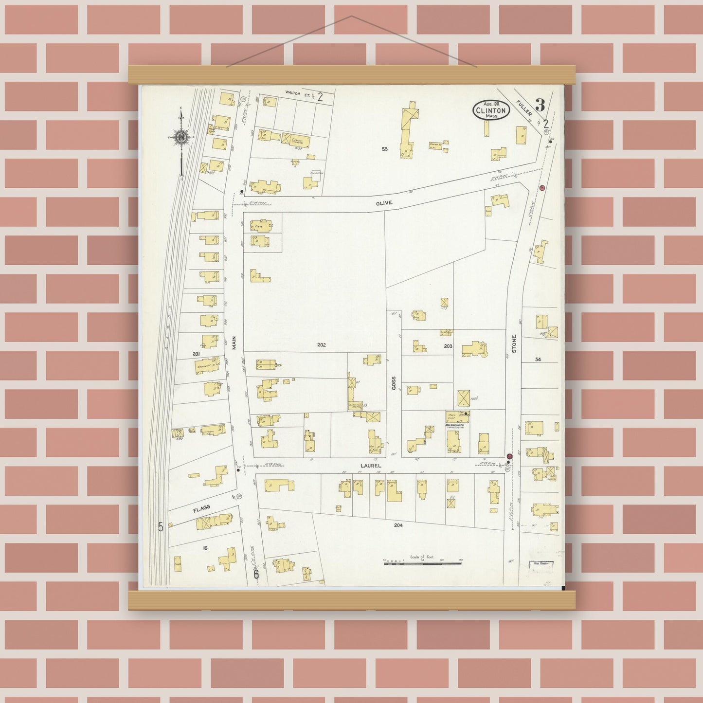 Old map wall art mockup — magnetic wood frame on brick wall — Sanborn Fire Insurance Map from Clinton, Worcester County, Massachusetts (1911), Sheet #0003
