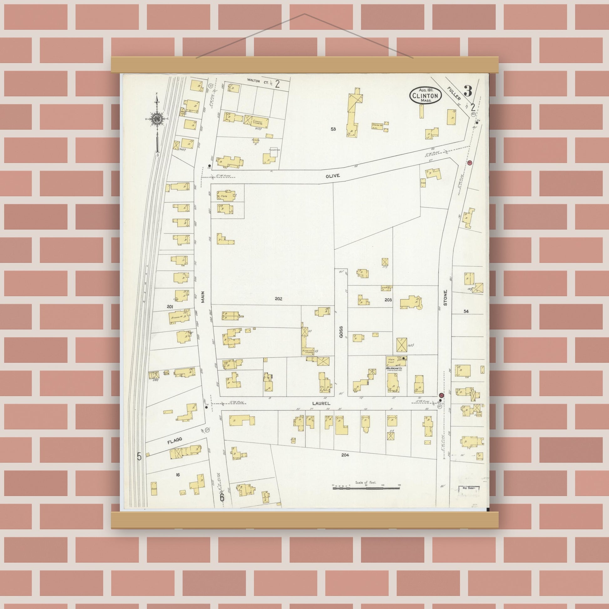 Old map wall art mockup — magnetic wood frame on brick wall — Sanborn Fire Insurance Map from Clinton, Worcester County, Massachusetts (1911), Sheet #0003