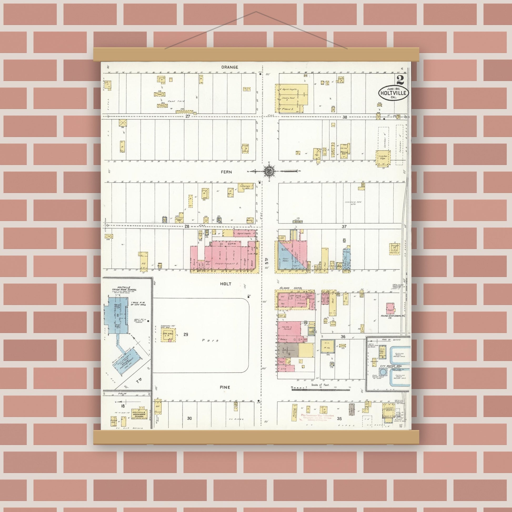 Old map wall art mockup — magnetic wood frame on brick wall — Sanborn Fire Insurance Map from Holtville, Imperial County, California (1911), Sheet #0002