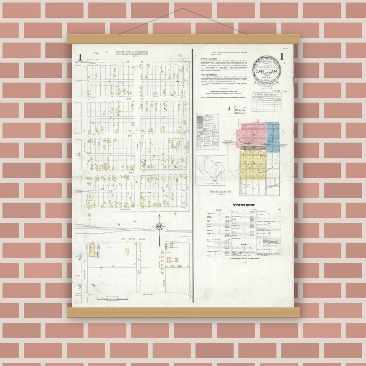 Old map wall art mockup — magnetic wood frame on brick wall — Sanborn Fire Insurance Map from San Juan, Hidalgo County, Texas (1938) - Complete Map Set
