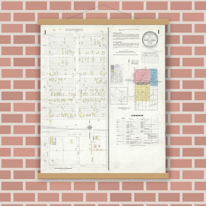 Old map wall art mockup — magnetic wood frame on brick wall — Sanborn Fire Insurance Map from San Juan, Hidalgo County, Texas (1938) - Complete Map Set