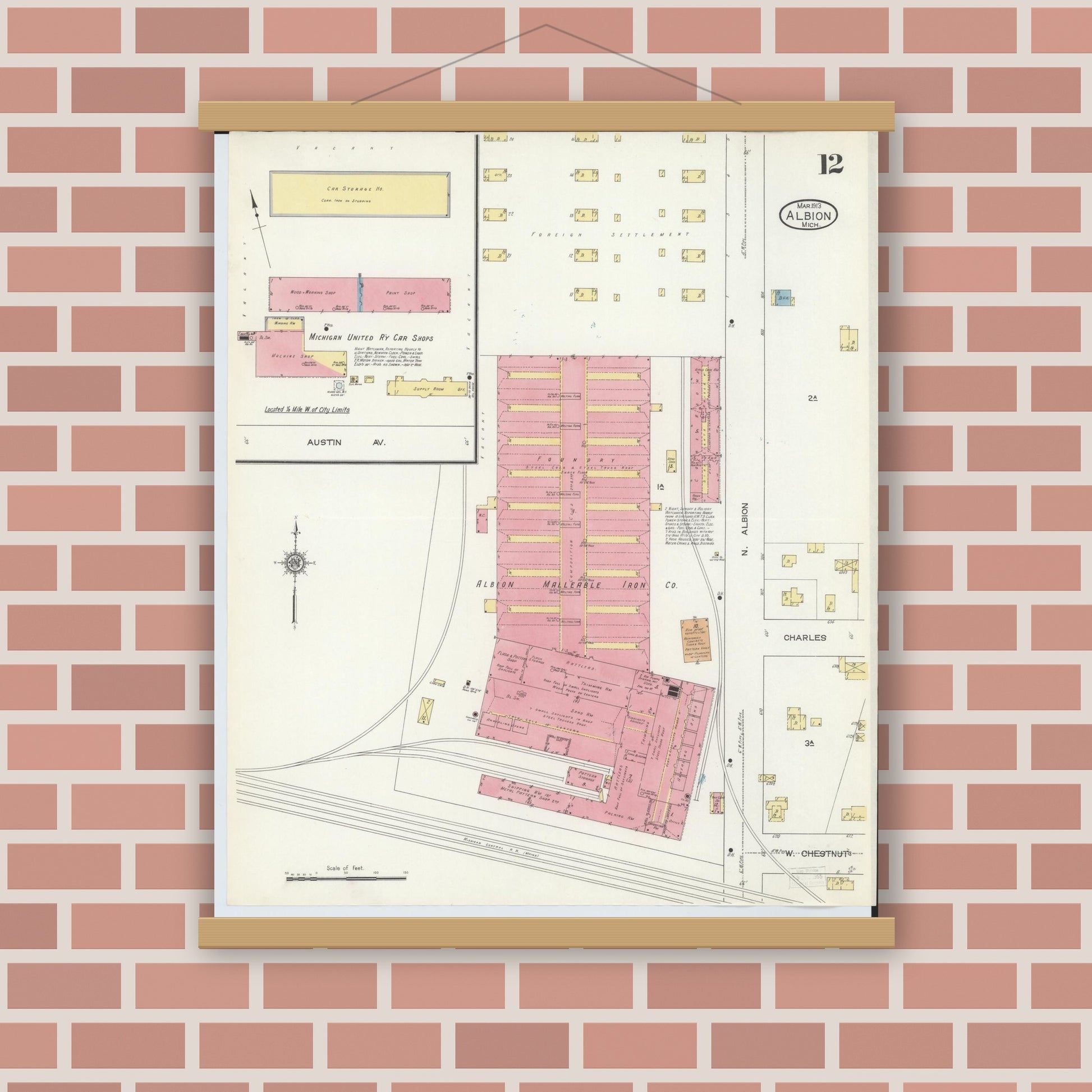Old map wall art mockup — magnetic wood frame on brick wall — Sanborn Fire Insurance Map from Albion, Calhoun County, Michigan (1913), Sheet #0012