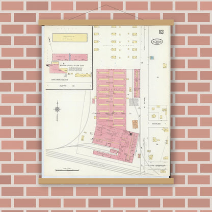 Old map wall art mockup — magnetic wood frame on brick wall — Sanborn Fire Insurance Map from Albion, Calhoun County, Michigan (1913), Sheet #0012