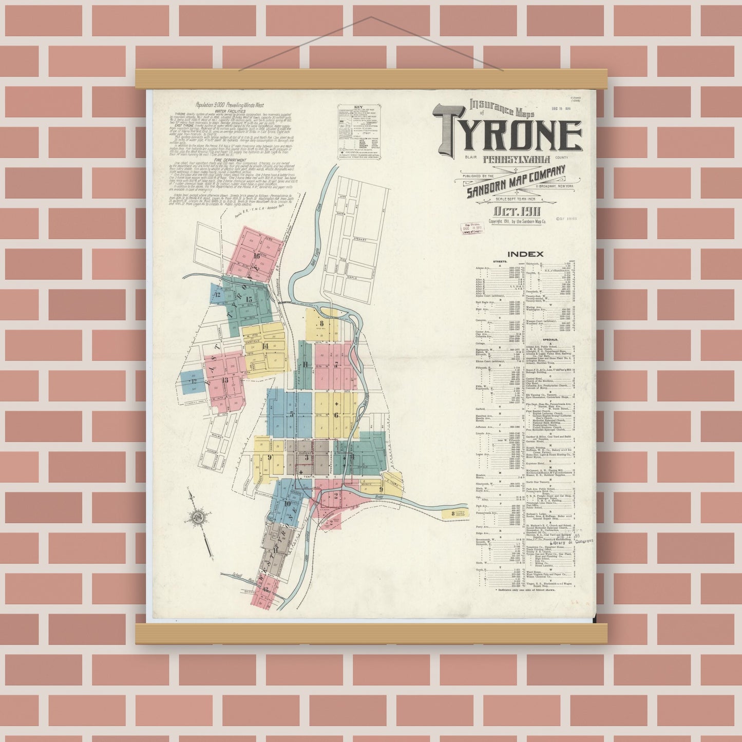 Old map wall art mockup — magnetic wood frame on brick wall — Sanborn Fire Insurance Map from Tyrone, Blair County, Pennsylvania (1911), Sheet #0001