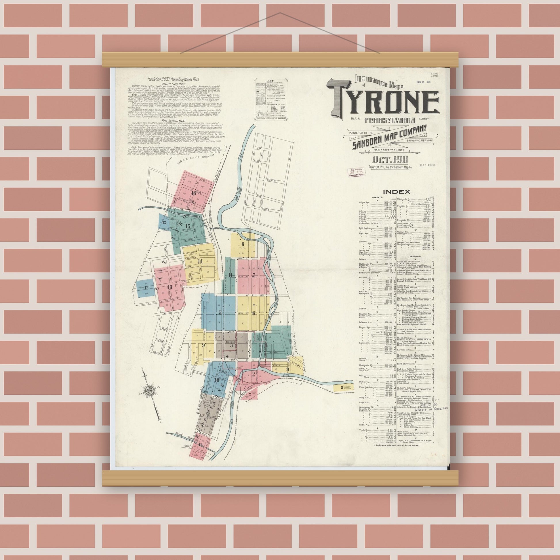 Old map wall art mockup — magnetic wood frame on brick wall — Sanborn Fire Insurance Map from Tyrone, Blair County, Pennsylvania (1911), Sheet #0001