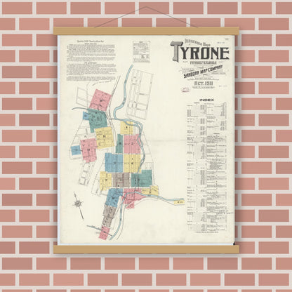 Old map wall art mockup — magnetic wood frame on brick wall — Sanborn Fire Insurance Map from Tyrone, Blair County, Pennsylvania (1911), Sheet #0001