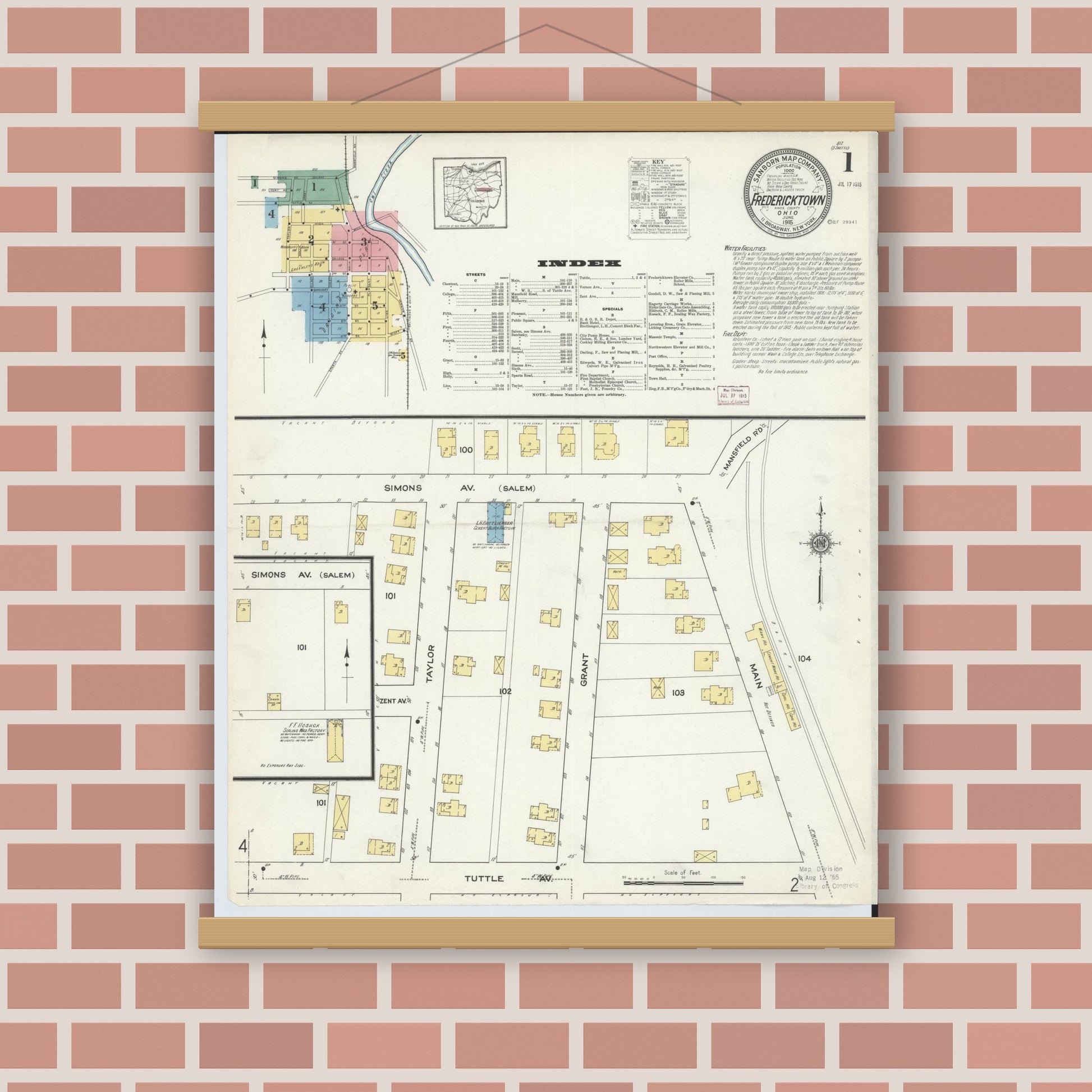 Old map wall art mockup — magnetic wood frame on brick wall — Sanborn Fire Insurance Map from Fredericktown, Knox County, Ohio (1915) - Complete Map Set
