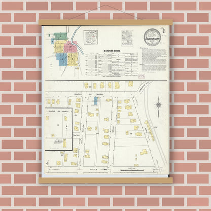 Old map wall art mockup — magnetic wood frame on brick wall — Sanborn Fire Insurance Map from Fredericktown, Knox County, Ohio (1915) - Complete Map Set