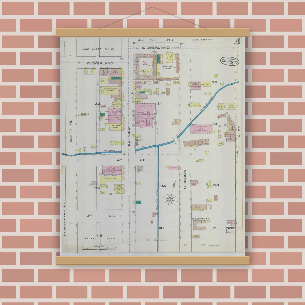 Old map wall art mockup — magnetic wood frame on brick wall — Sanborn Fire Insurance Map from El Paso, El Paso County, Texas (1885), Sheet #0004