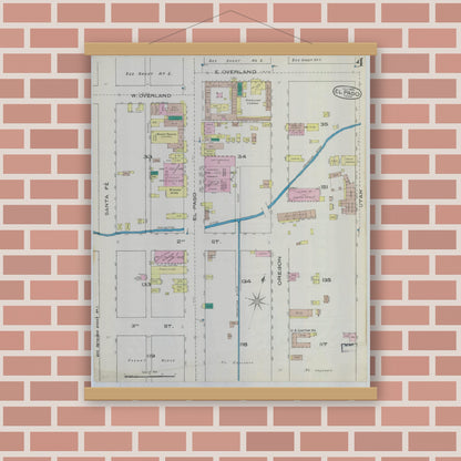 Old map wall art mockup — magnetic wood frame on brick wall — Sanborn Fire Insurance Map from El Paso, El Paso County, Texas (1885), Sheet #0004