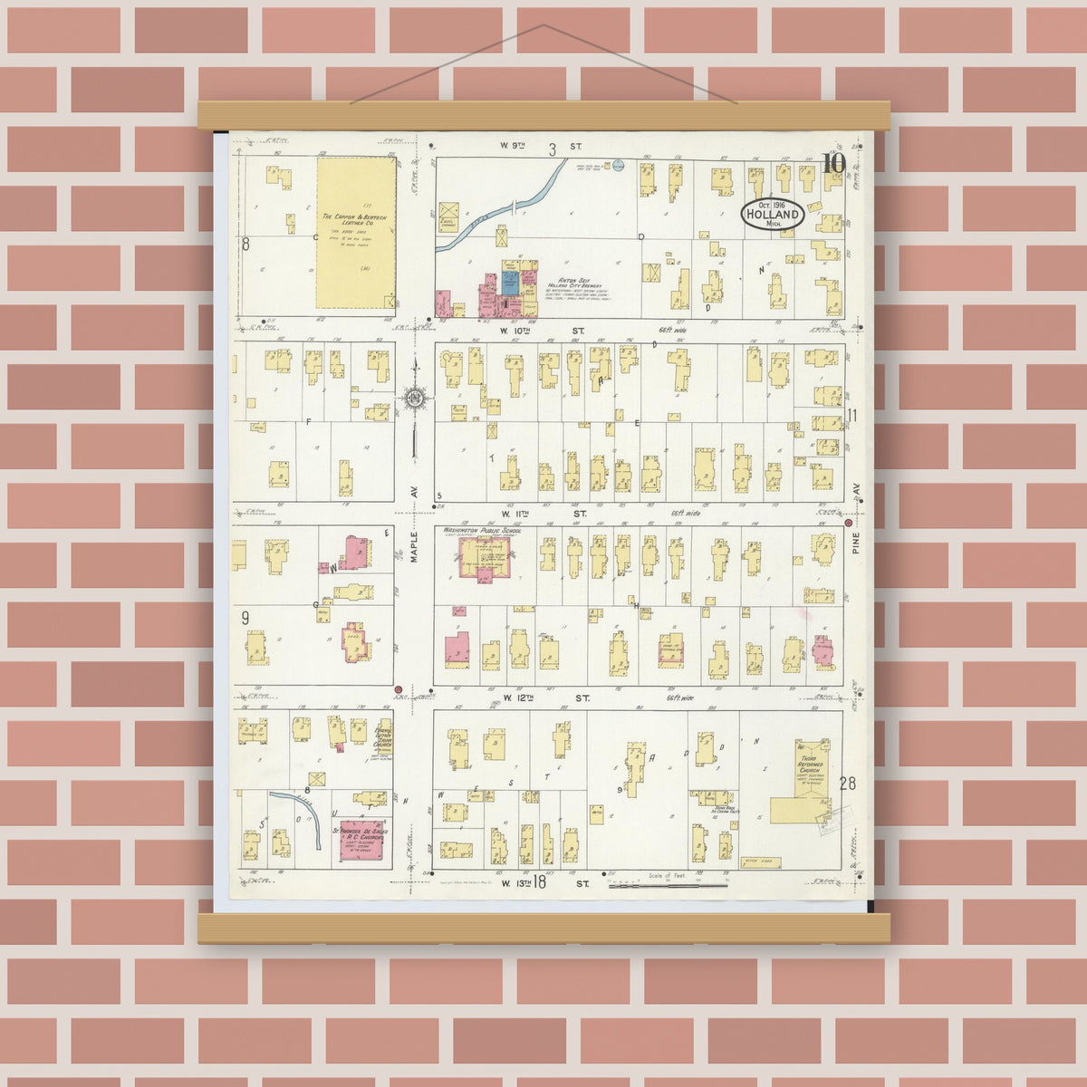 Old map wall art mockup — magnetic wood frame on brick wall — Sanborn Fire Insurance Map from Holland, Ottawa County, Michigan (1916), Sheet #0010