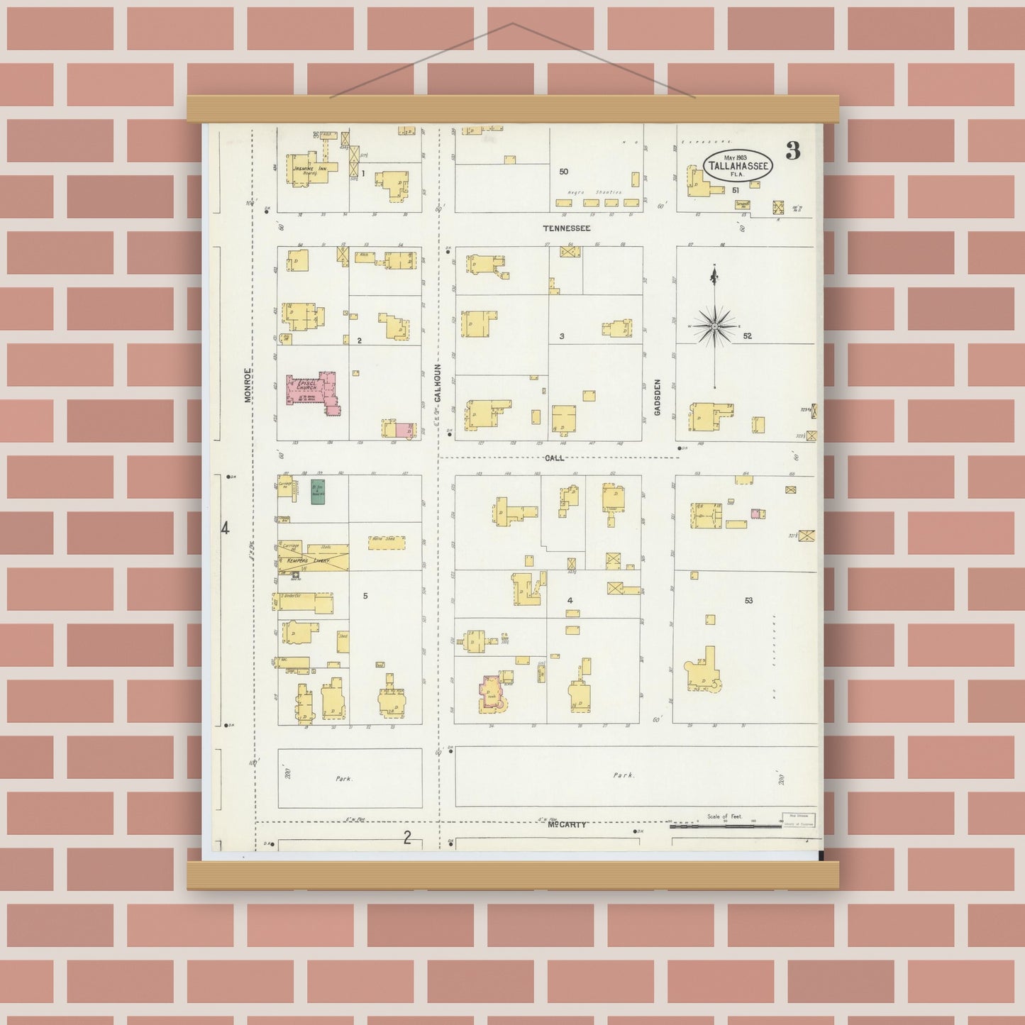 Old map wall art mockup — magnetic wood frame on brick wall — Sanborn Fire Insurance Map from Tallahassee, Leon County, Florida (1903), Sheet #0003