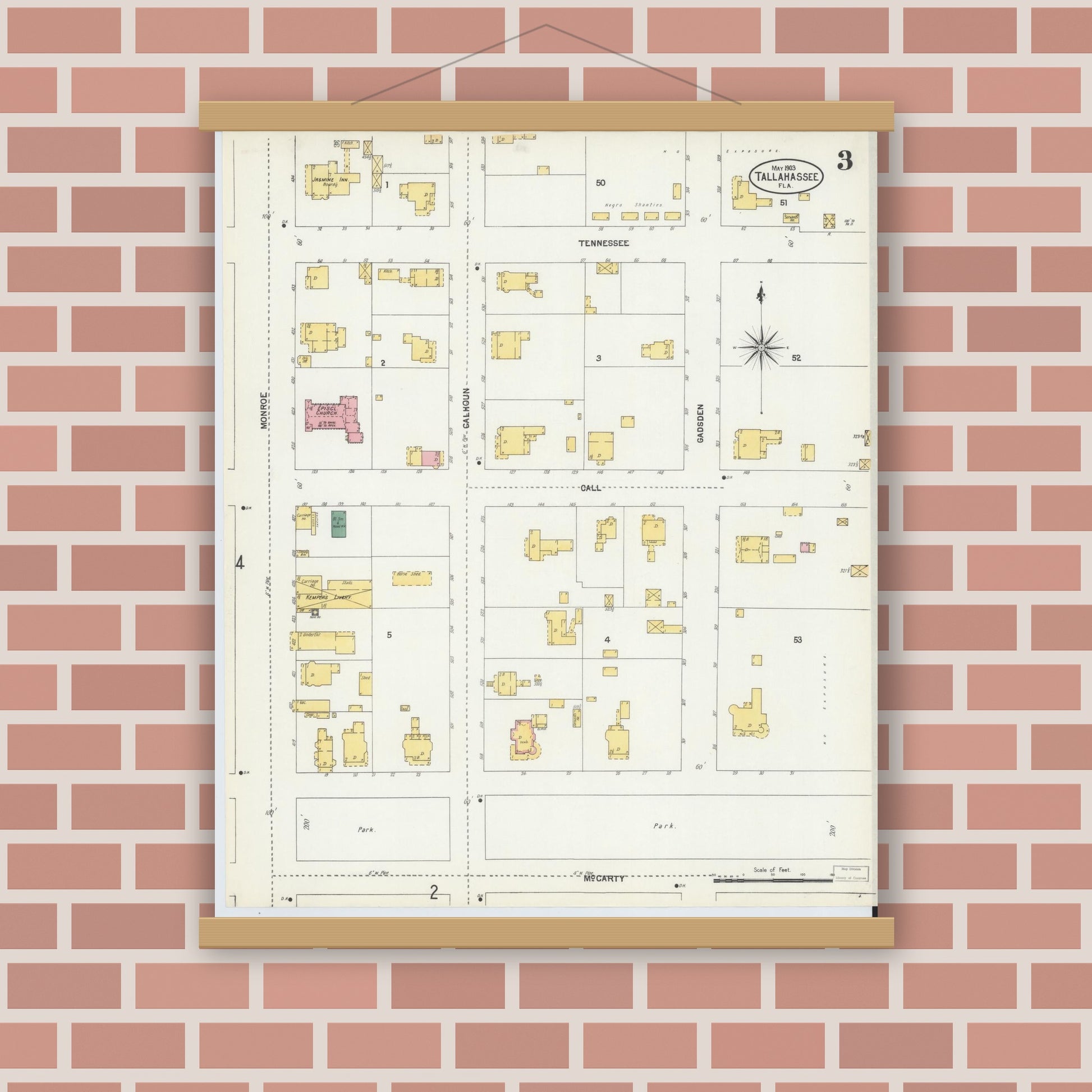Old map wall art mockup — magnetic wood frame on brick wall — Sanborn Fire Insurance Map from Tallahassee, Leon County, Florida (1903), Sheet #0003