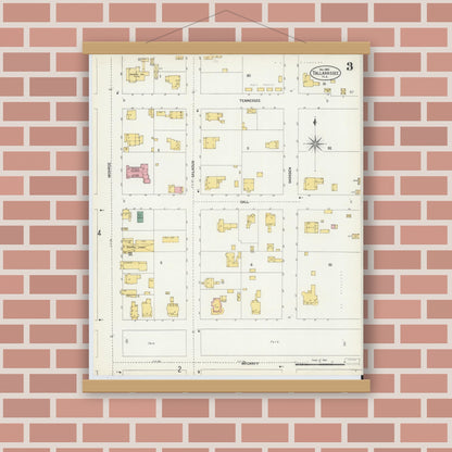 Old map wall art mockup — magnetic wood frame on brick wall — Sanborn Fire Insurance Map from Tallahassee, Leon County, Florida (1903), Sheet #0003