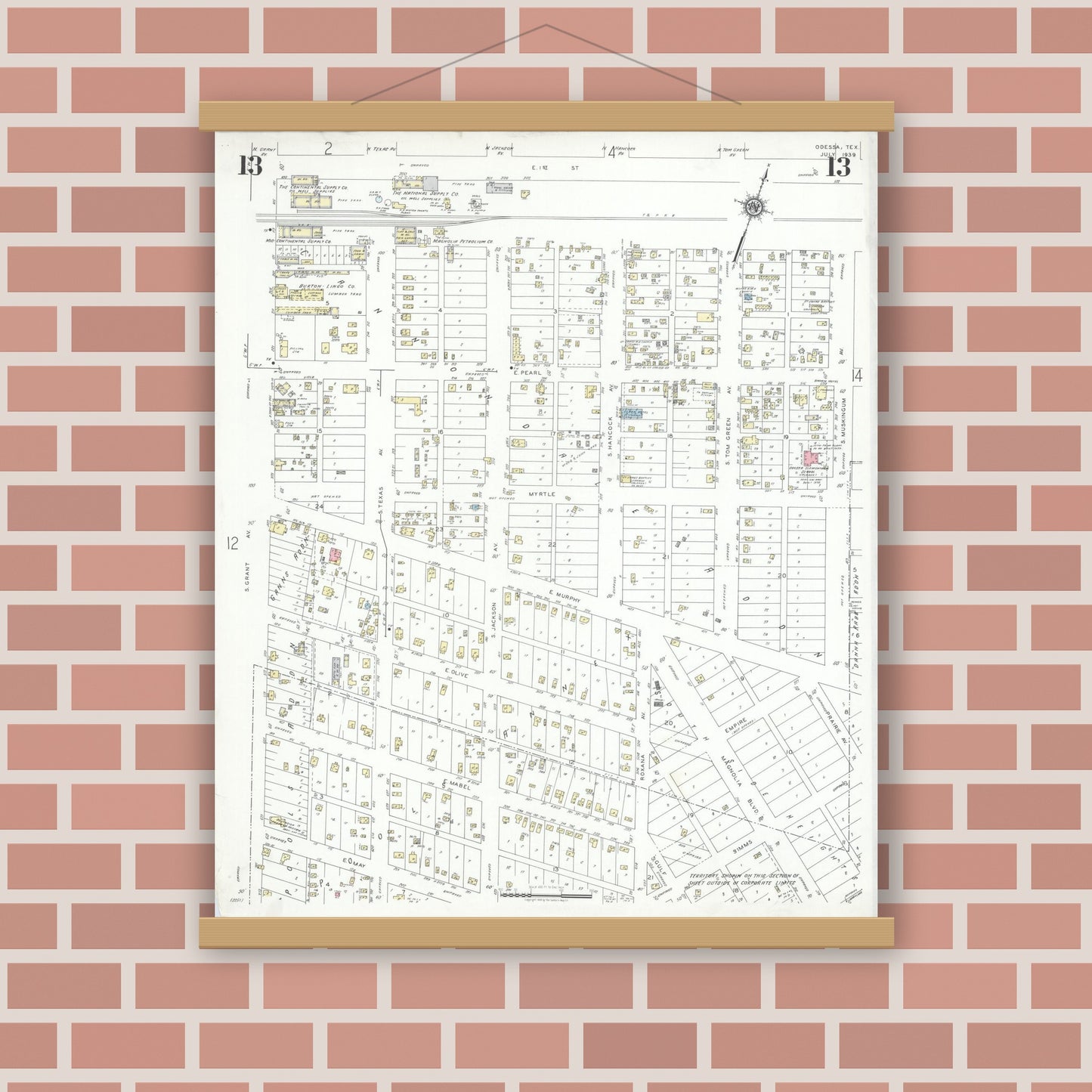 Old map wall art mockup — magnetic wood frame on brick wall — Sanborn Fire Insurance Map from Odessa, Edger County, Texas (1939), Sheet #0013