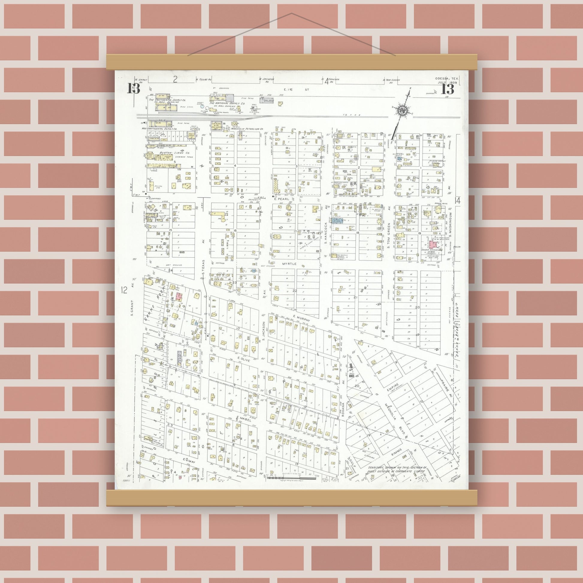 Old map wall art mockup — magnetic wood frame on brick wall — Sanborn Fire Insurance Map from Odessa, Edger County, Texas (1939), Sheet #0013