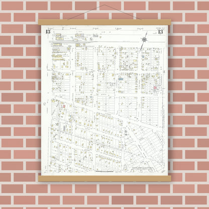 Old map wall art mockup — magnetic wood frame on brick wall — Sanborn Fire Insurance Map from Odessa, Edger County, Texas (1939), Sheet #0013