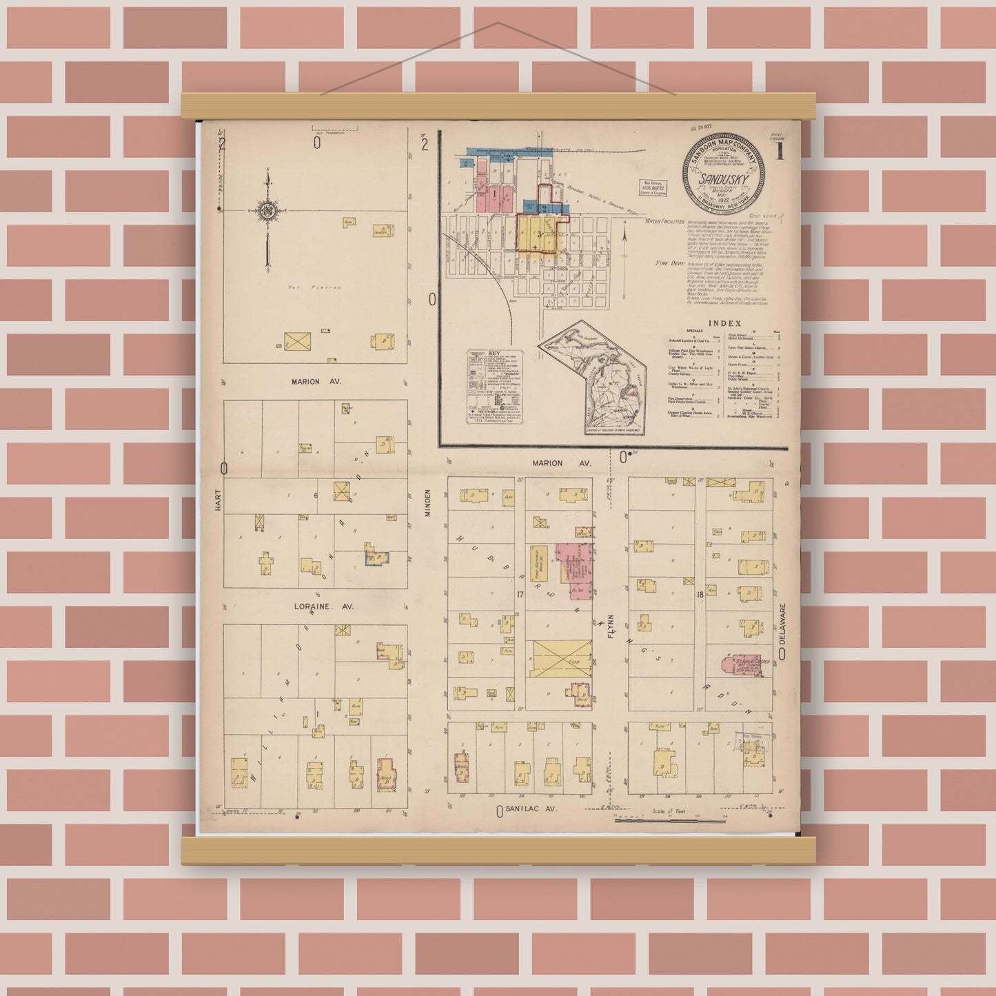 Old map wall art mockup — magnetic wood frame on brick wall — Sanborn Fire Insurance Map from Sandusky, Sanilac County, Michigan (1922) - Complete Map Set