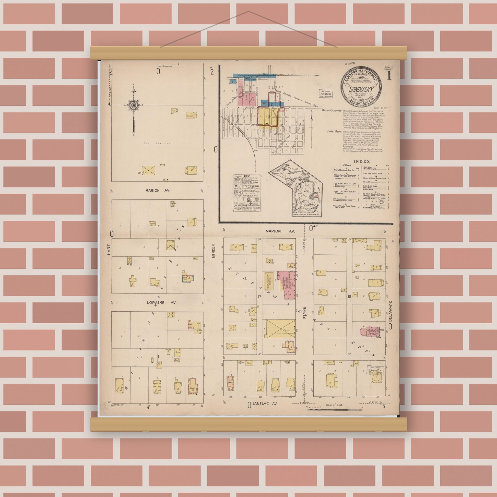 Old map wall art mockup — magnetic wood frame on brick wall — Sanborn Fire Insurance Map from Sandusky, Sanilac County, Michigan (1922) - Complete Map Set