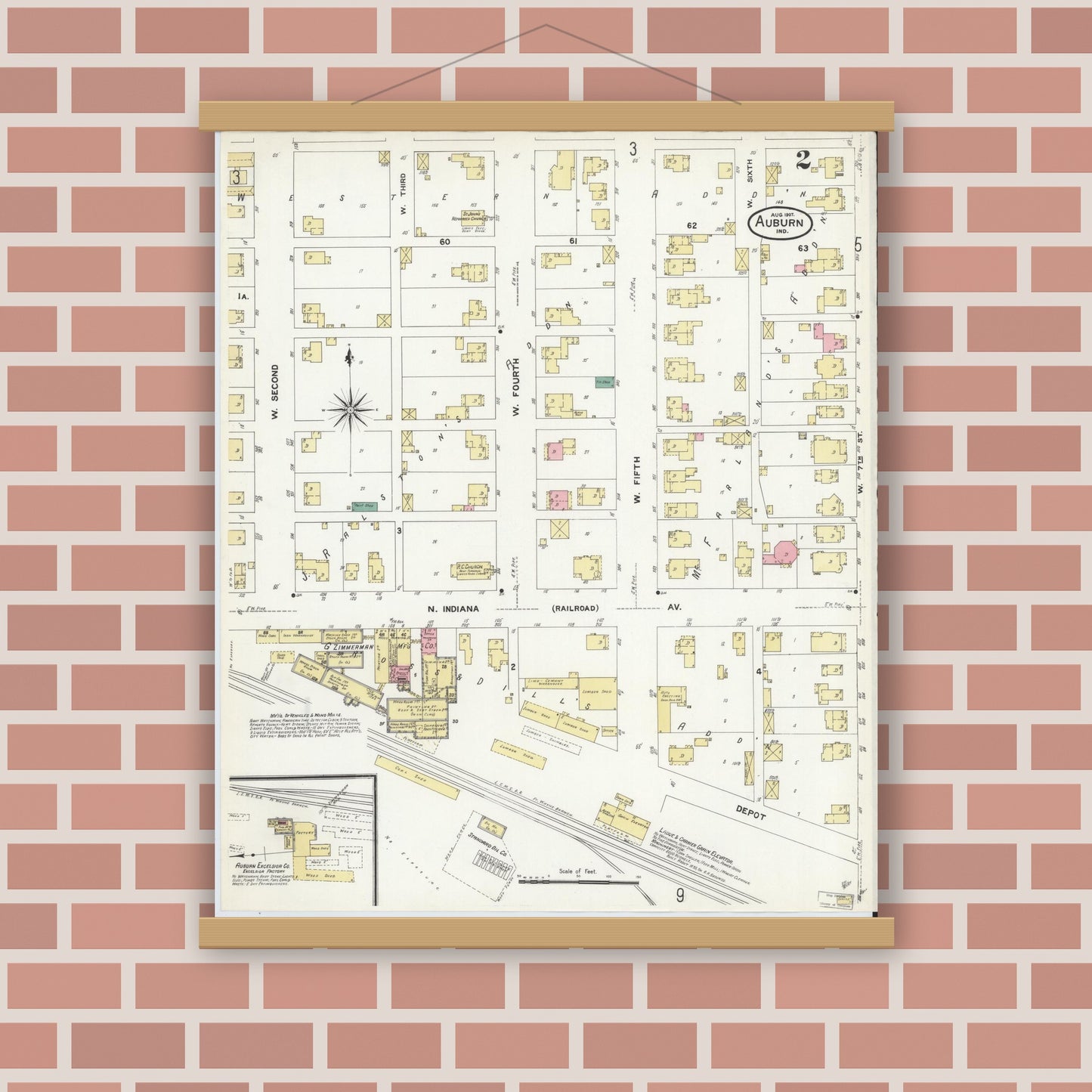 Old map wall art mockup — magnetic wood frame on brick wall — Sanborn Fire Insurance Map from Auburn, De Kalb County, Indiana (1907), Sheet #0002