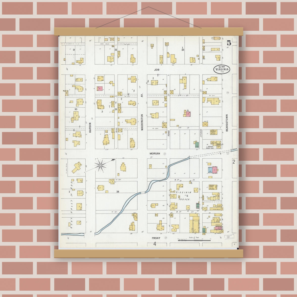 Old map wall art mockup — magnetic wood frame on brick wall — Sanborn Fire Insurance Map from Virginia, Cass County, Illinois (1900), Sheet #0005