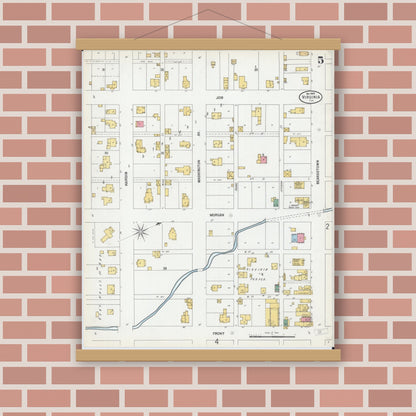 Old map wall art mockup — magnetic wood frame on brick wall — Sanborn Fire Insurance Map from Virginia, Cass County, Illinois (1900), Sheet #0005