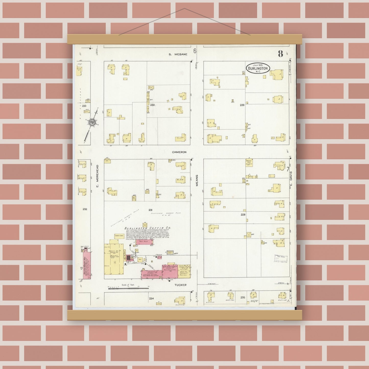 Old map wall art mockup — magnetic wood frame on brick wall — Sanborn Fire Insurance Map from Burlington, Alamance County, North Carolina (1913), Sheet #0008